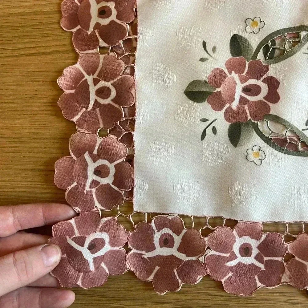 Set of 3 Floral Embroidered Satin Doilies - 16x10 Pink Flower Lace Edge